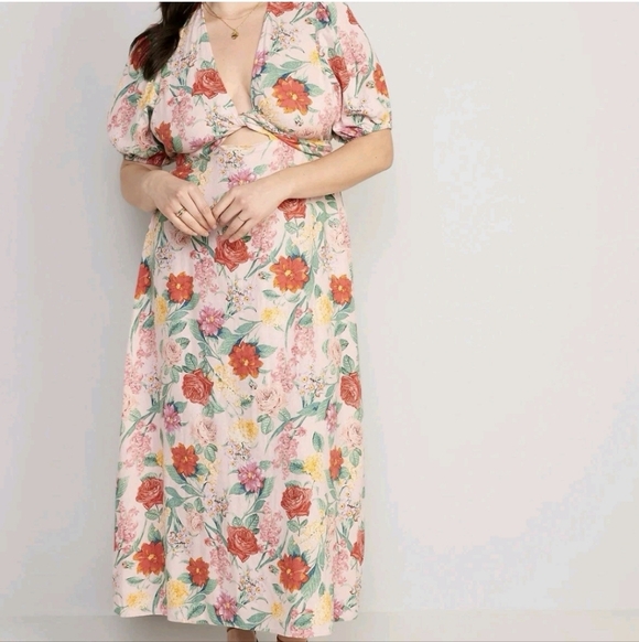 NWT Old Navy Linen Blend Twist Front Floral Midi Dress Pink Green Garden Party L - Picture 2 of 15